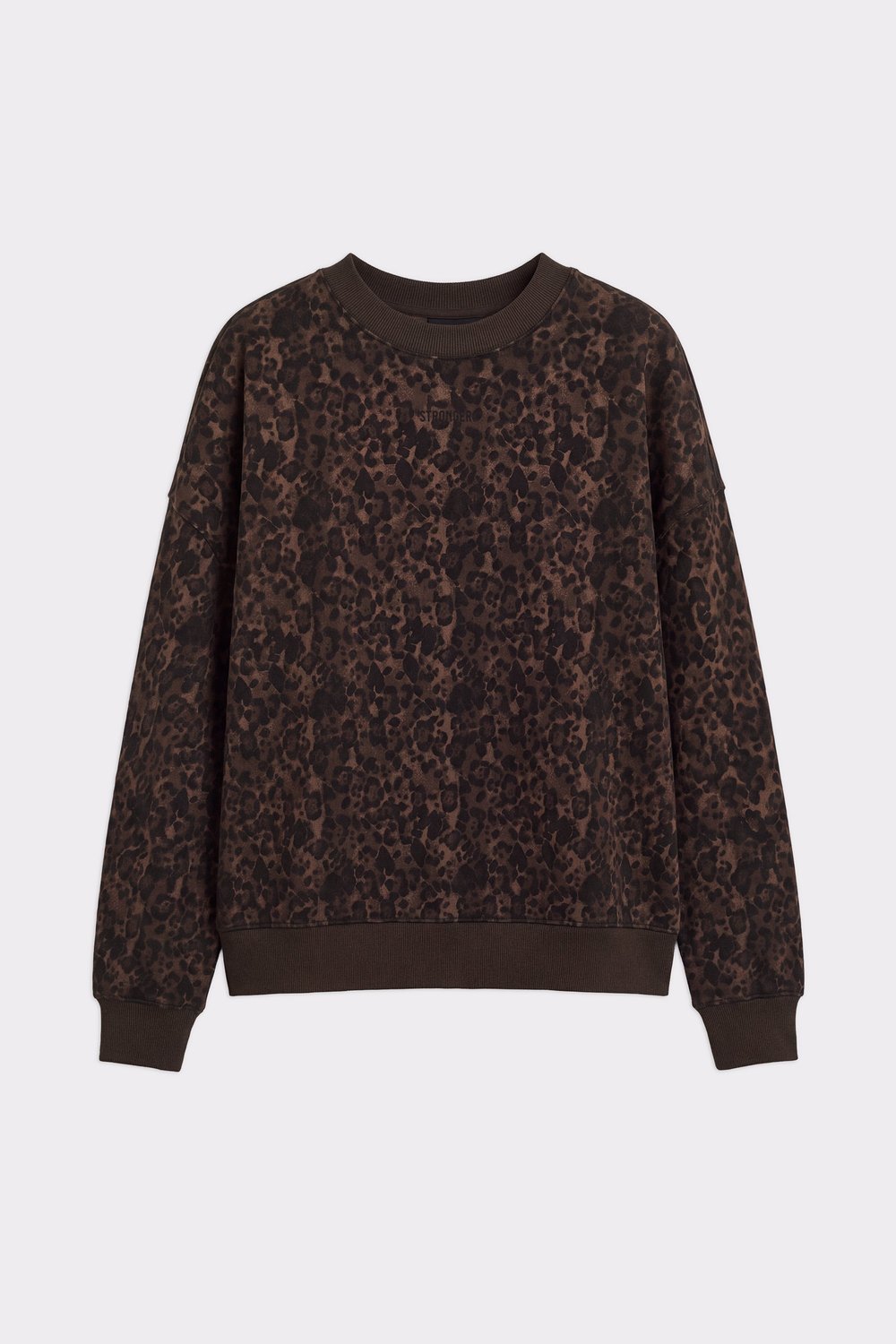 Front view of the Relaxed Sweatshirt in Dark Leo from Stronger, showcasing its oversized fit and leopard print design.
