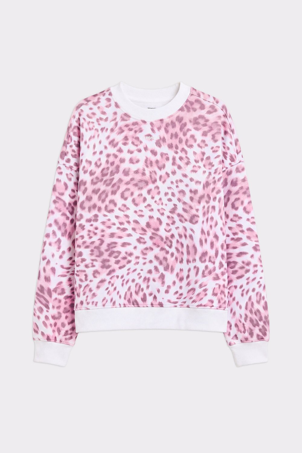 Flat lay of the Stronger Relaxed Sweatshirt in Pink Leo with an oversized fit and embroidered logo at the front.