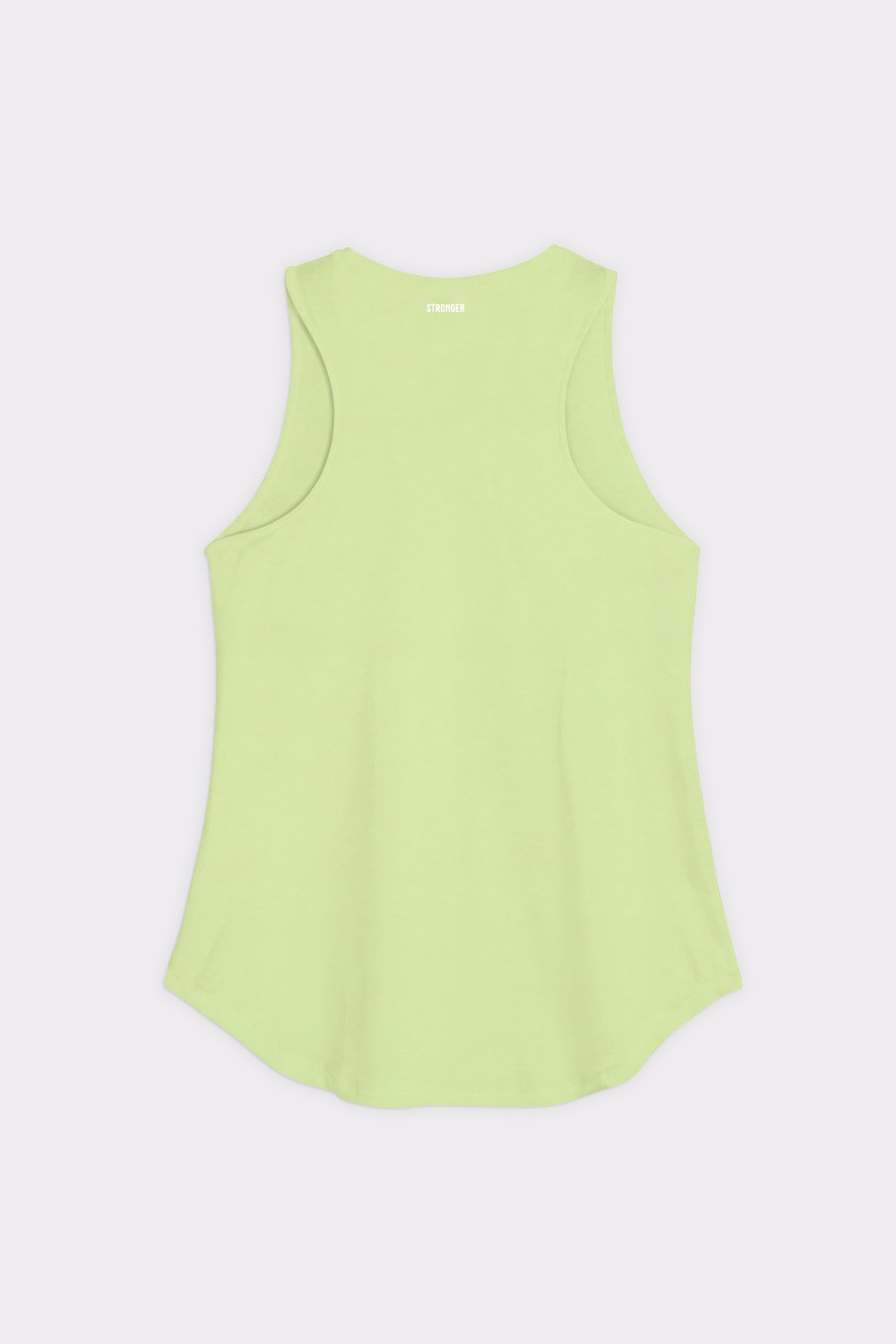 Rückansicht des limettengrünen Airy Racerback Tanks von Stronger mit lässiger Passform, abgerundetem Saum und Logo am Rücken.