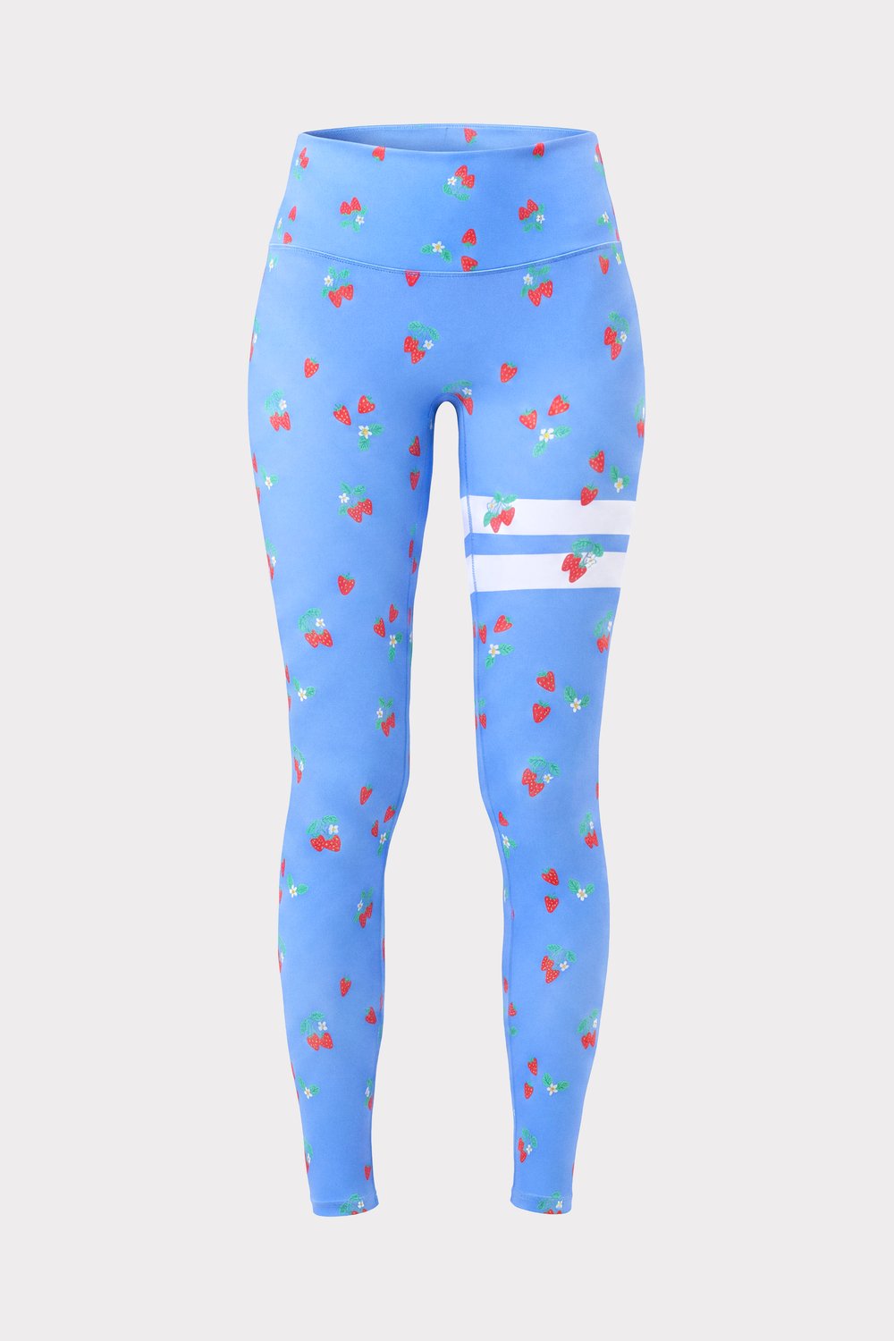 Blå The Printed One Tights från Stronger med hög midja, rött jordgubbsmönster och vita Signature Lines.