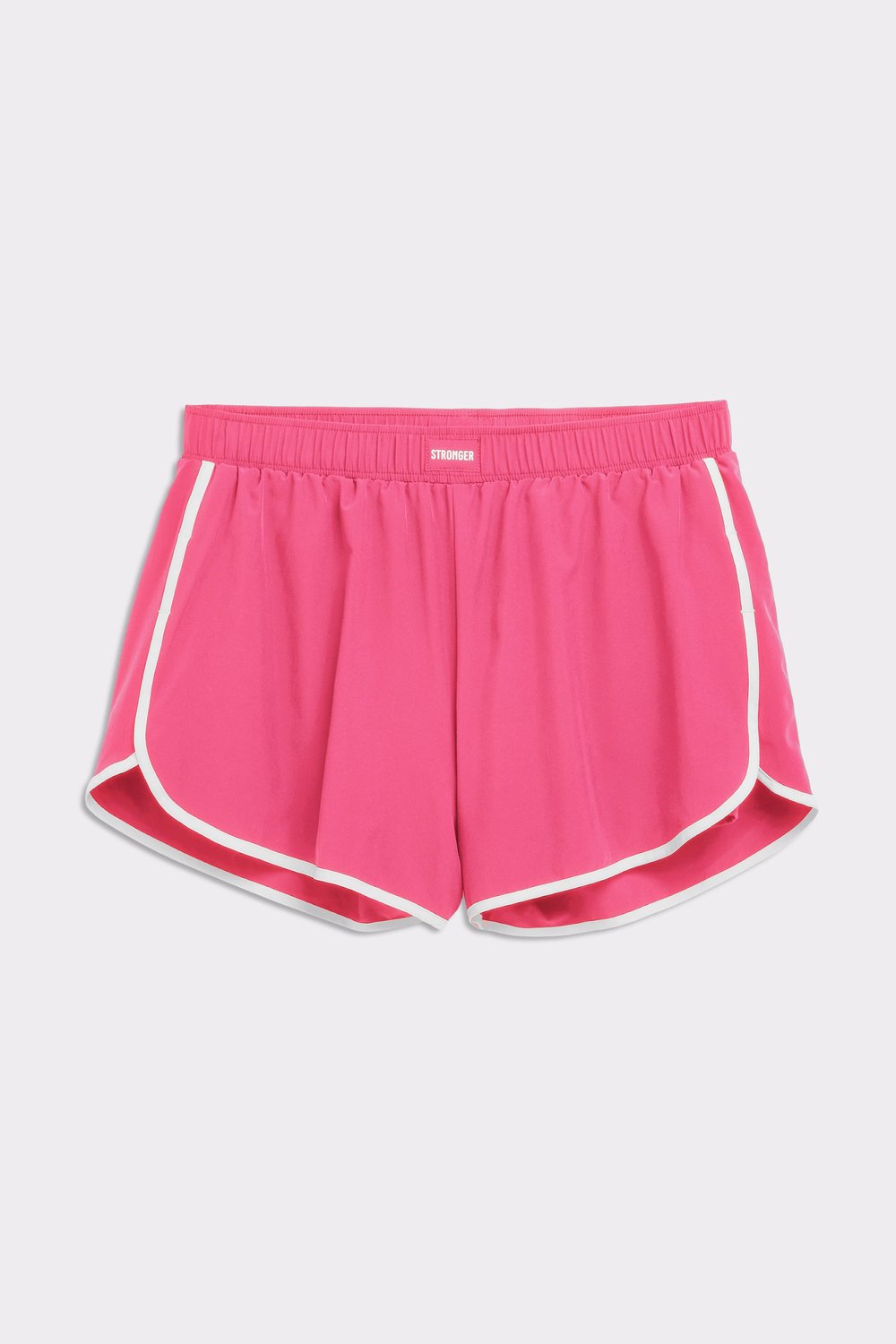 Stronger pink Breezy Running Shorts featuring white contrast trim and a logo waistband patch, ideal for running.