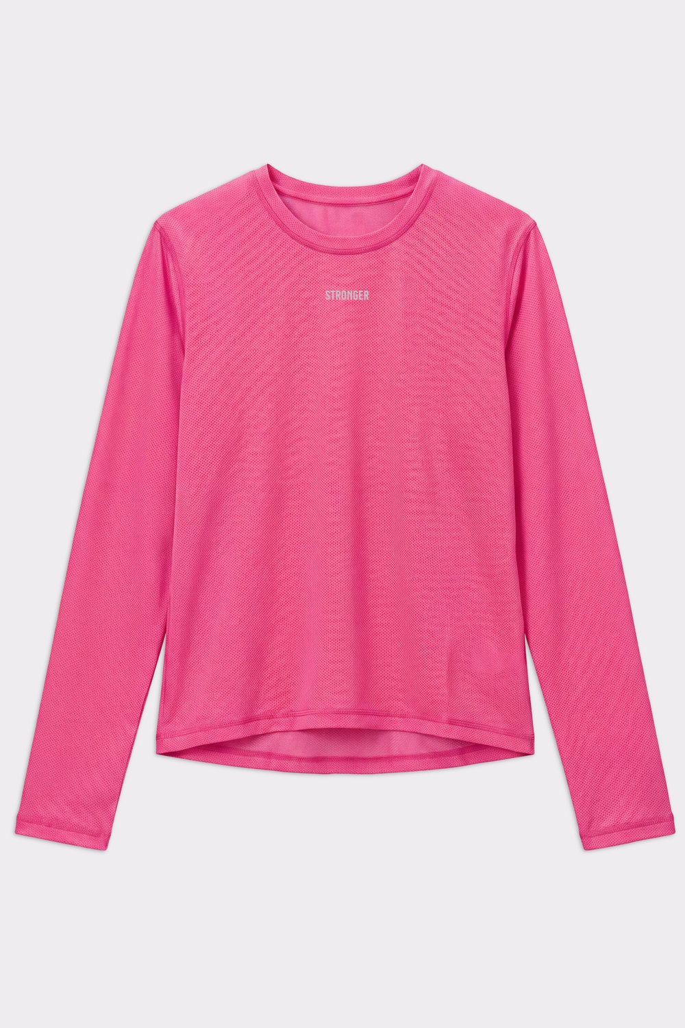 Pink Mesh Running Long Sleeve by Stronger, featuring a breathable mesh fabric and central logo on the chest.