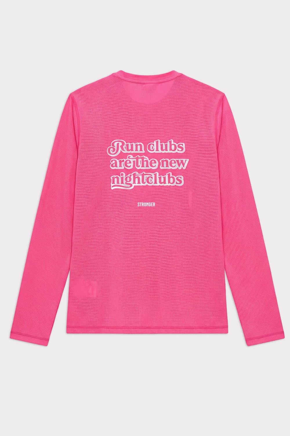 Back of the dark pink Stronger Mesh Running Long Sleeve with a reflective Run clubs are the new nightclubs graphic.