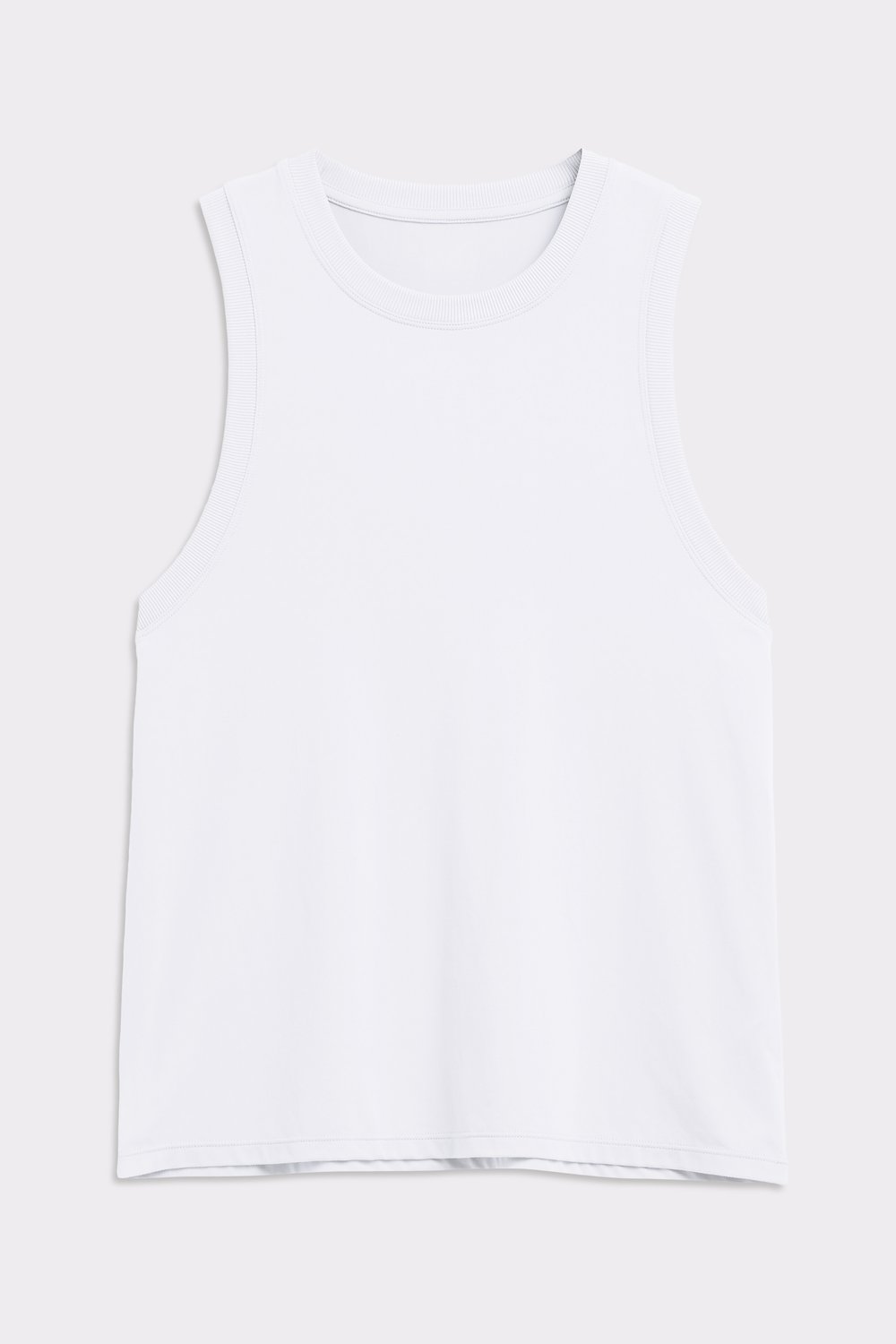 Front view of the Stronger Relaxed Tank in bright white, showcasing its ribbed neckline and breathable fabric.