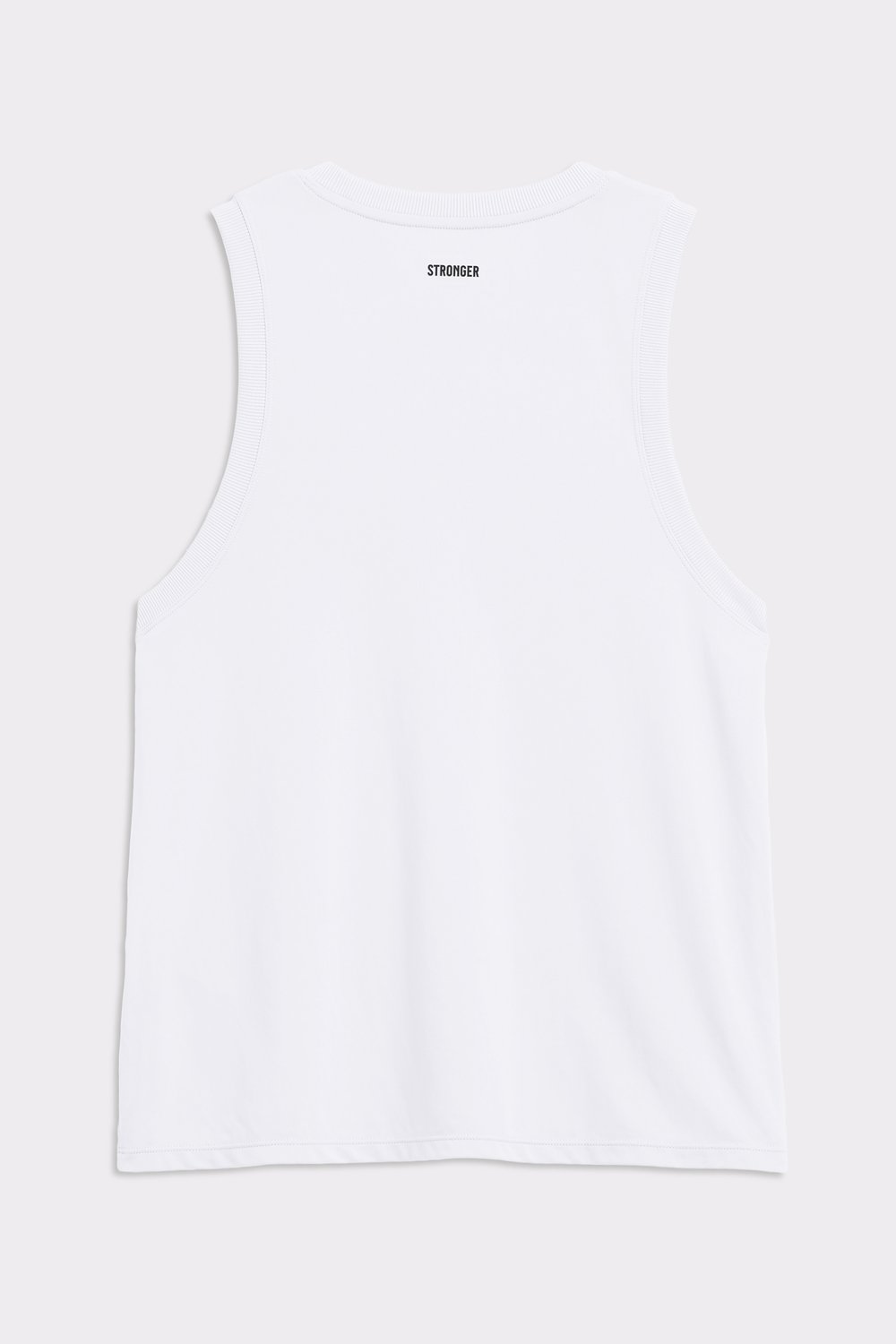Close-up of the back of Stronger's Relaxed Tank in Bright White, featuring a centered logo and ribbed details.