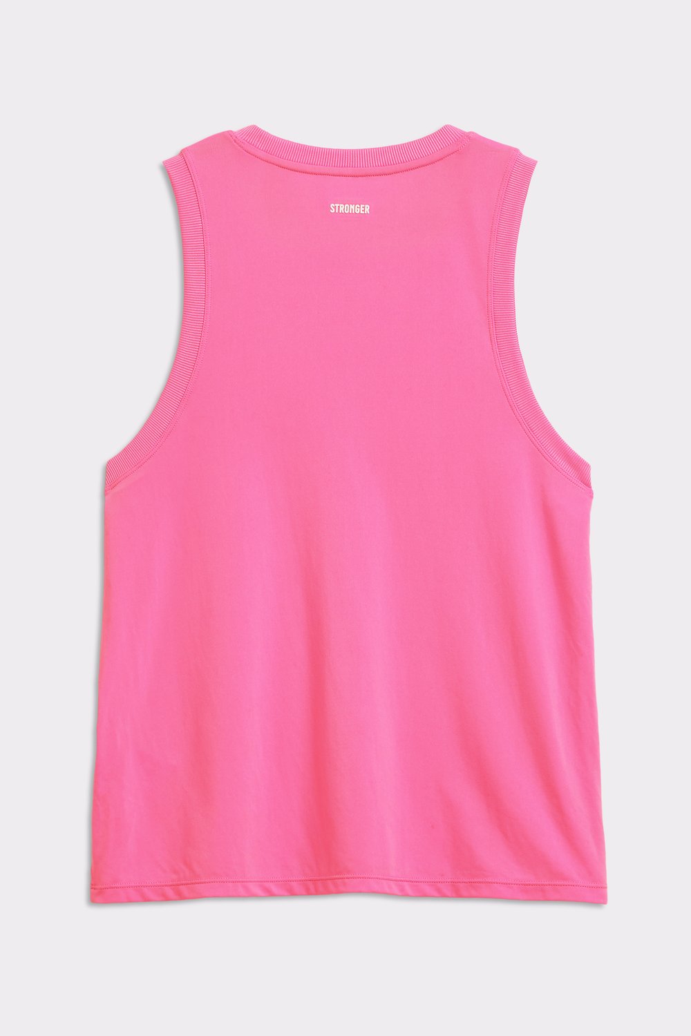 Back view of Stronger's pink Relaxed Tank, featuring ribbed trim and a centered logo at the back of the neck.