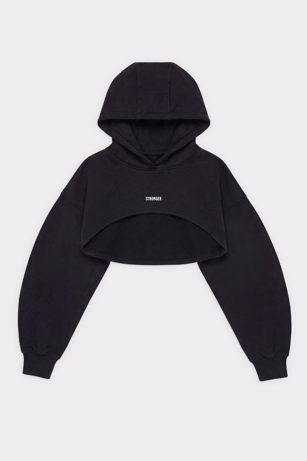 Schwarzer Cropped Hoodie von Stronger mit Oversize-Passform, Kapuze und abgerundeter Vorderöffnung inklusive kleinem Logo.