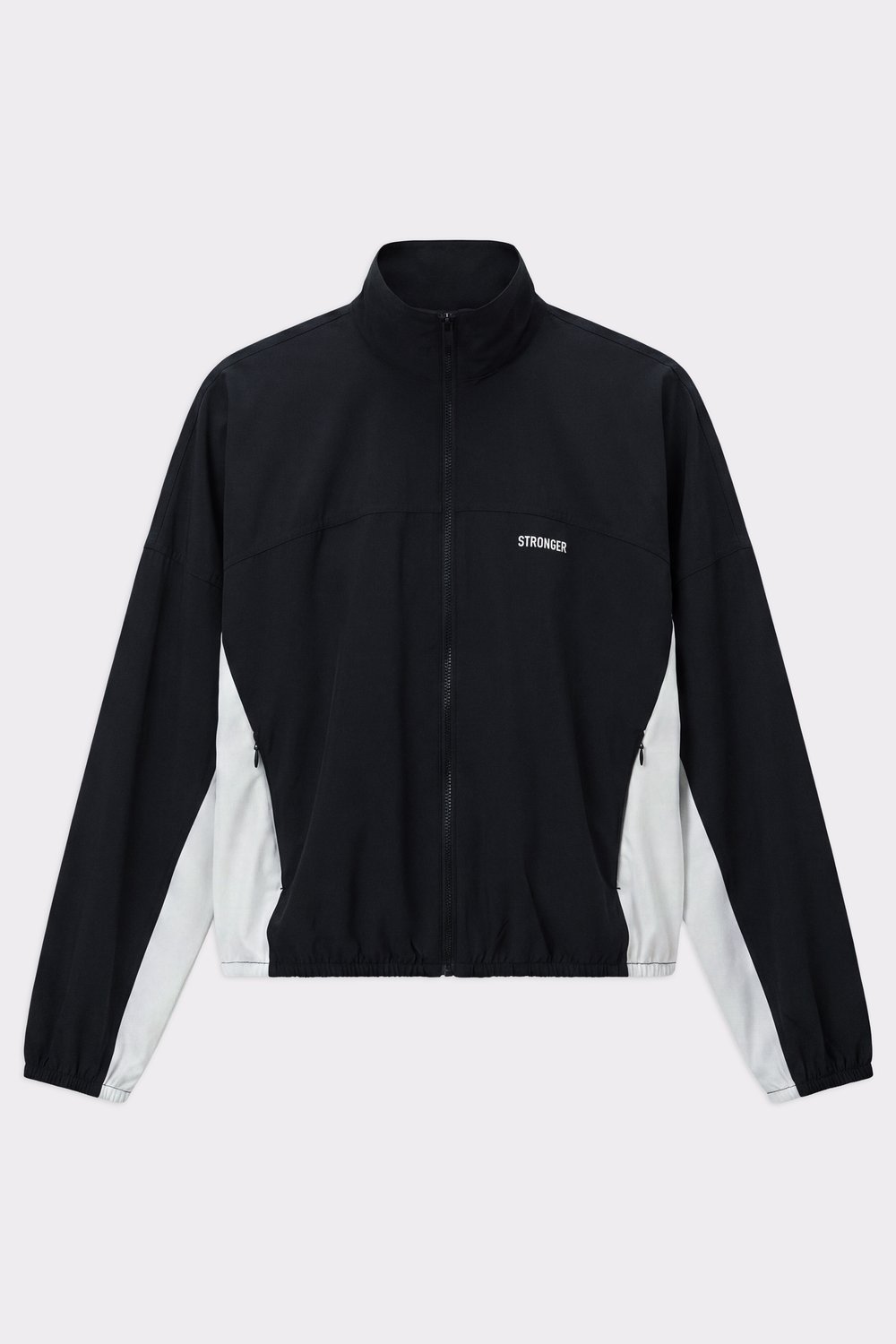 Stronger Breezy Woven Jacket in black and white, featuring side panels, a full-zip front, and recycled polyester.