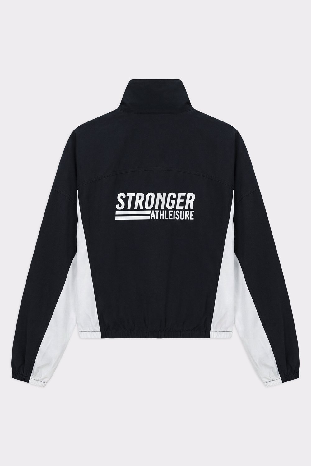 Back view of Stronger's black and white Breezy Woven Jacket with a bold logo and breathable, quick-drying material.