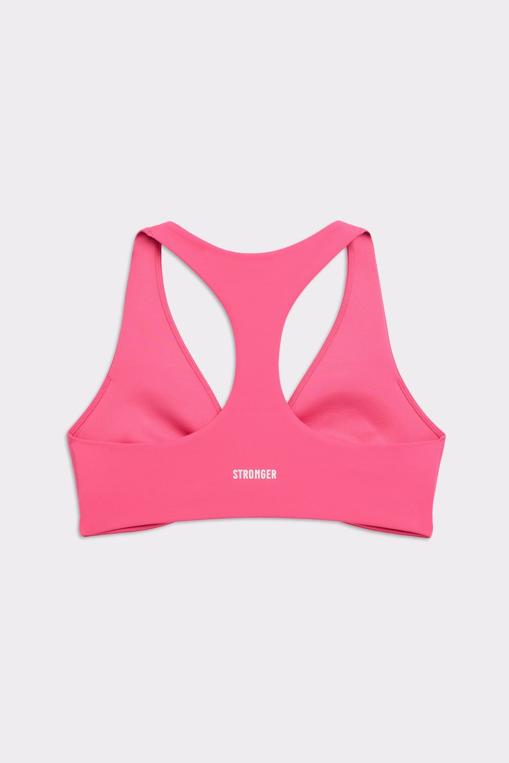 Achterkant van de Fandango Pink Front Closure Sports Bra van Stronger, met racerback-stijl en het merklogo.
