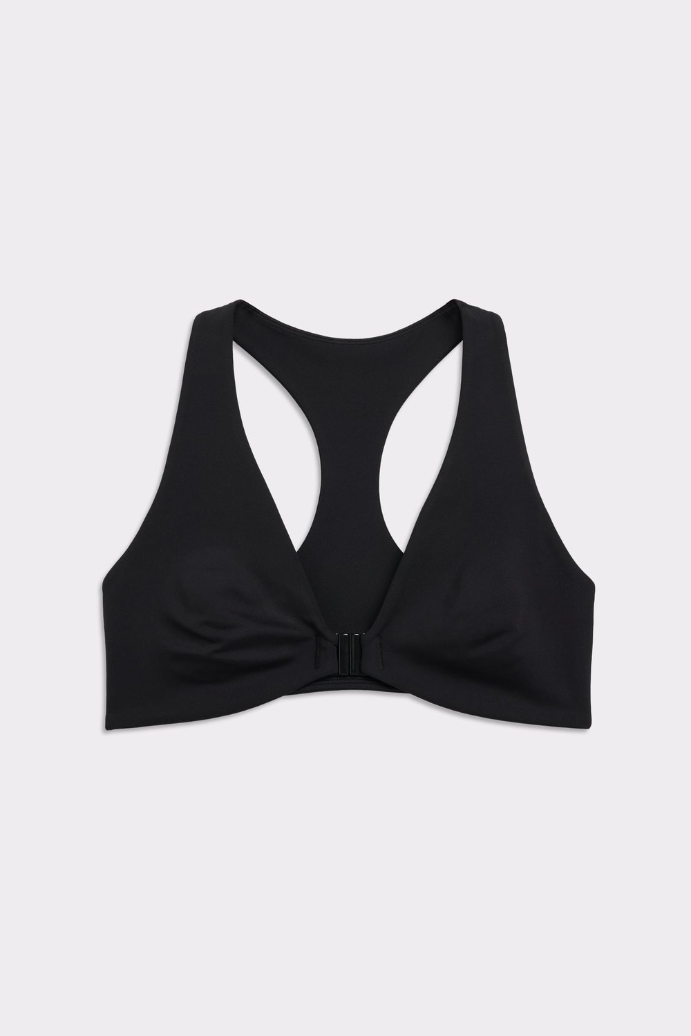 Vooraanzicht van de zwarte Front Closure Sports Bra van Stronger, voor makkelijk aan- en uittrekken met veilige gesp.