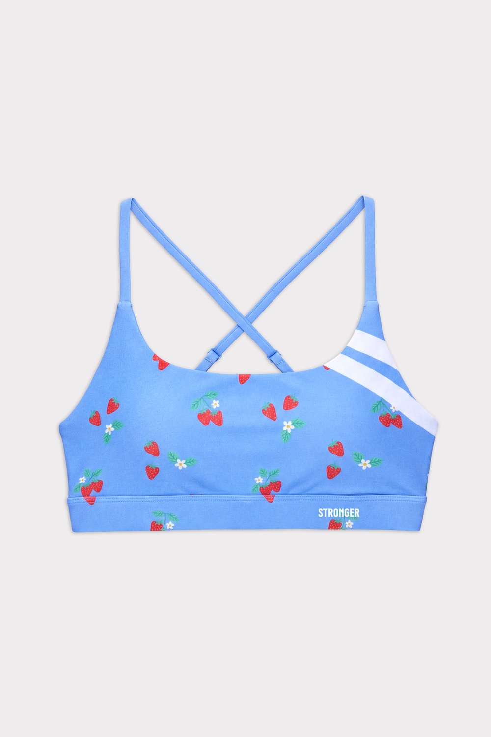 Blauwe Stronger Signature Printed Strap Sports Bra met aardbeienprint, witte strepen en dunne gekruiste bandjes.