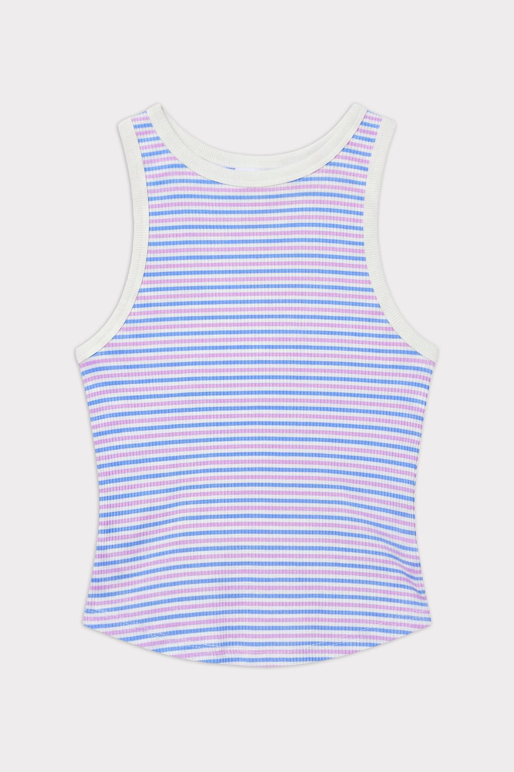 Stripe Rib Tank van Stronger met korenbloemblauwe en roze strepen, een geribbelde textuur en witte biesjes.