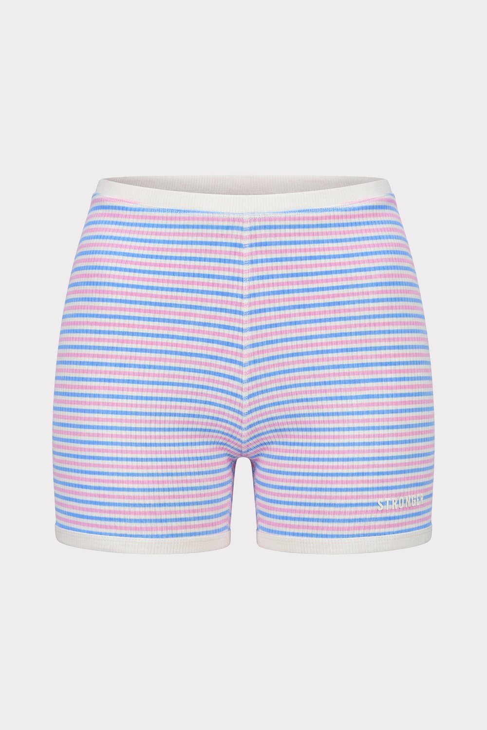 Korenbloemblauw en roze Stripe Rib Hot Pants van Stronger met een ribtextuur en een wit siliconen logo.