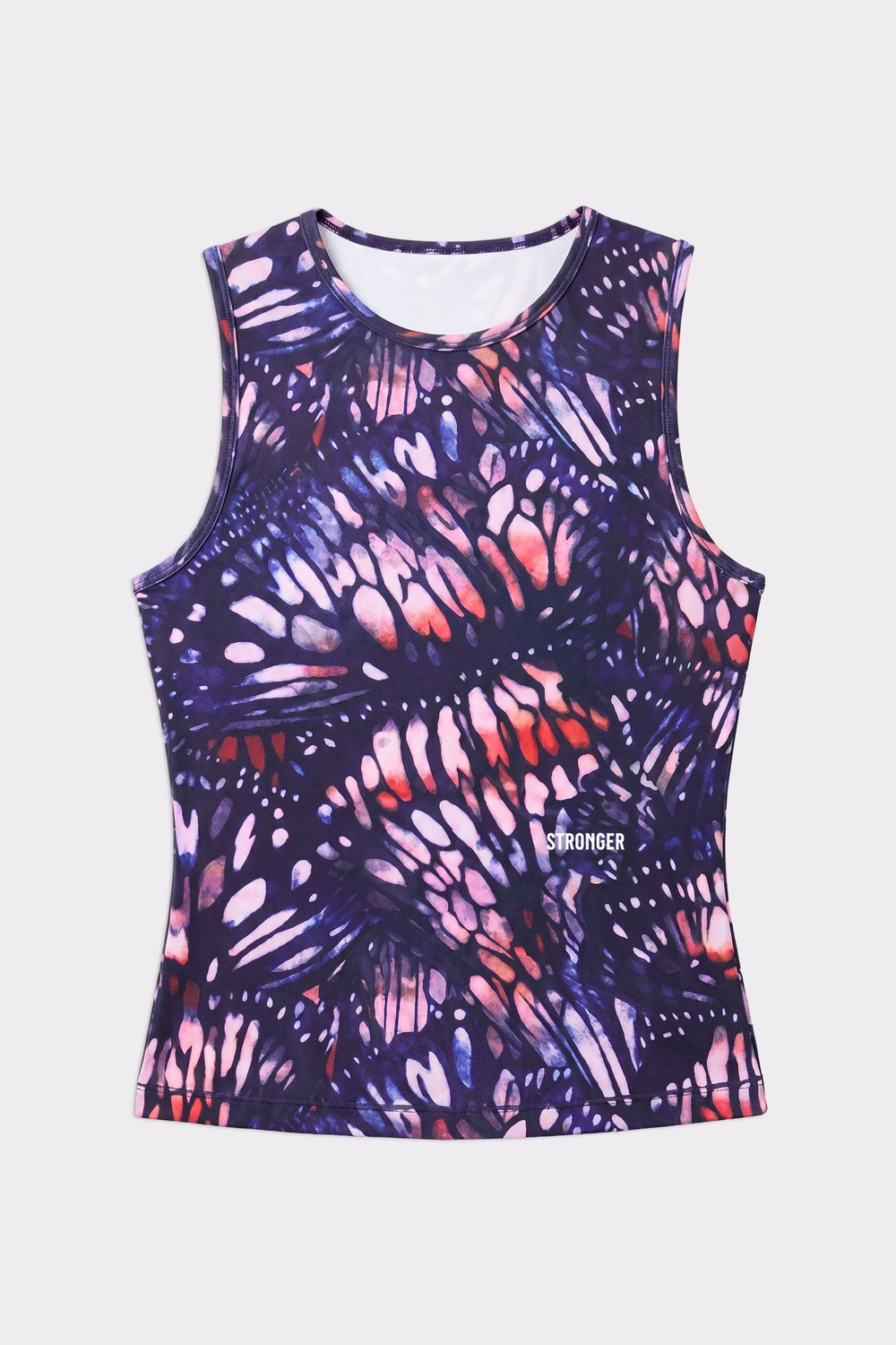 Stronger Signature Slim Tank Top in a dark butterfly print, featuring pink and purple tones and a slim fit.