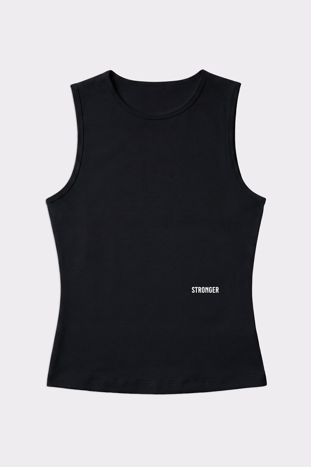 Stronger Signature Slim Tank Top in black, featuring a slim fit and a white logo on the lower left side.