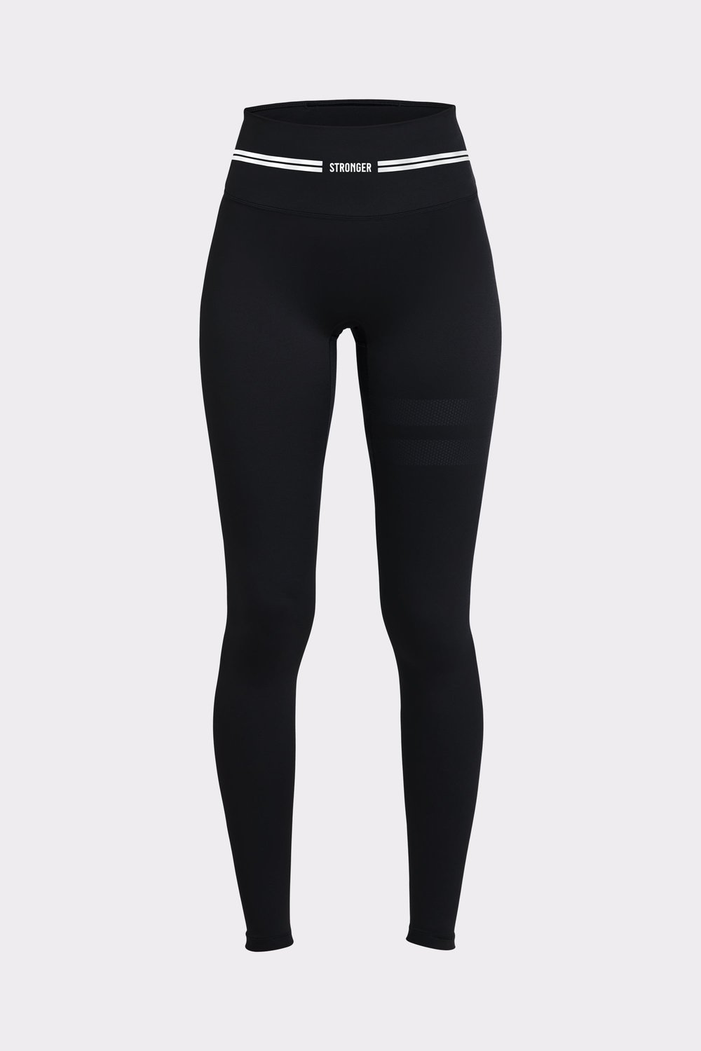Front view of black Signature Logo Leggings by Stronger, featuring a high waist and tonal signature stripes.