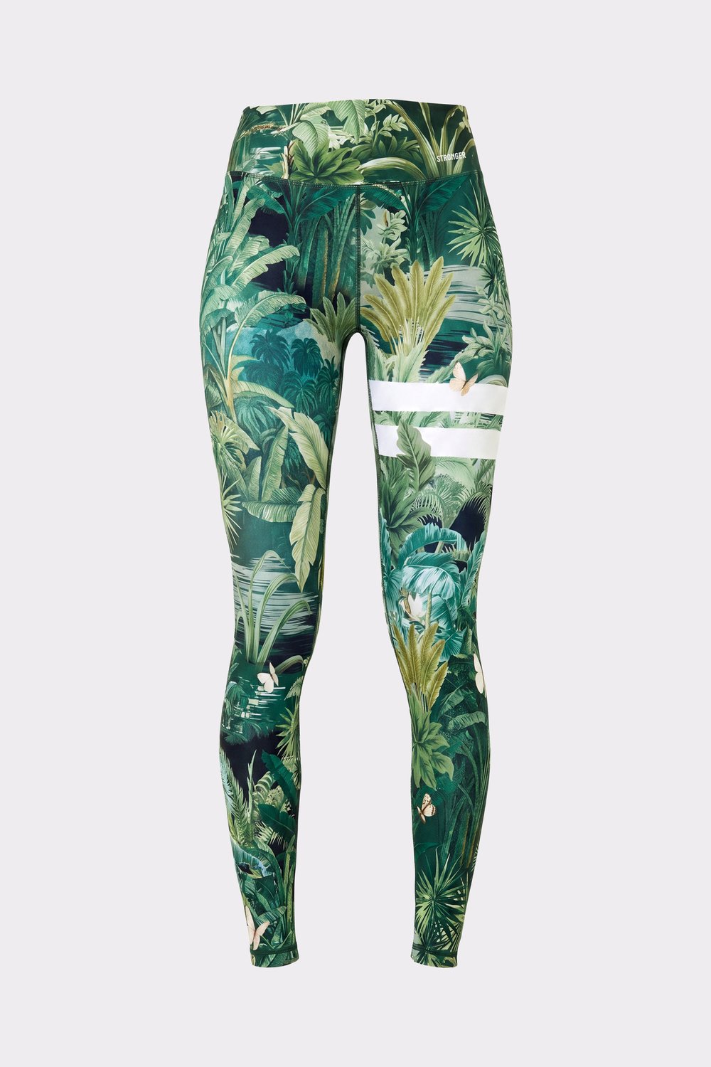 Stronger Explore Printed Leggings im Tropical Leaves-Print mit grünem Design, hoher Taille und charakteristischen Linien.
