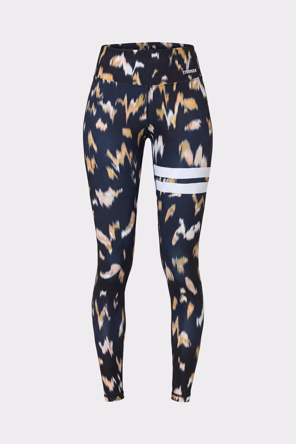 Stronger Explore Printed Leggings in Savannah Print, featuring a multicolour pattern and signature white stripes.