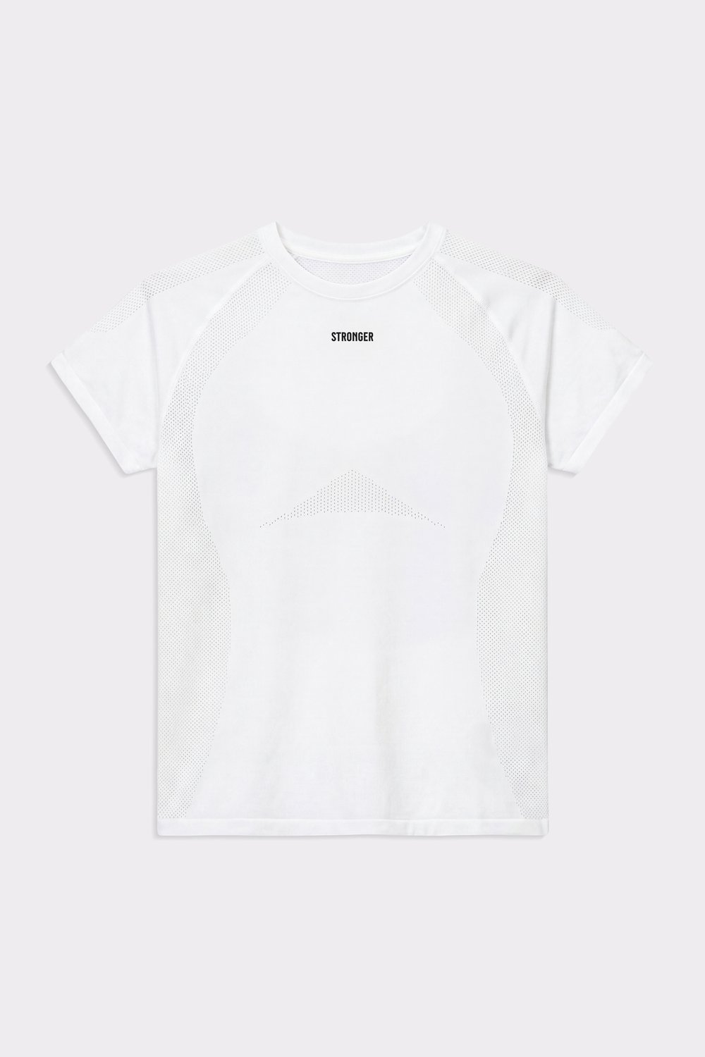 Front view of Stronger's Bright White Seamless Performance T-shirt with breathable mesh detailing and a slim fit.