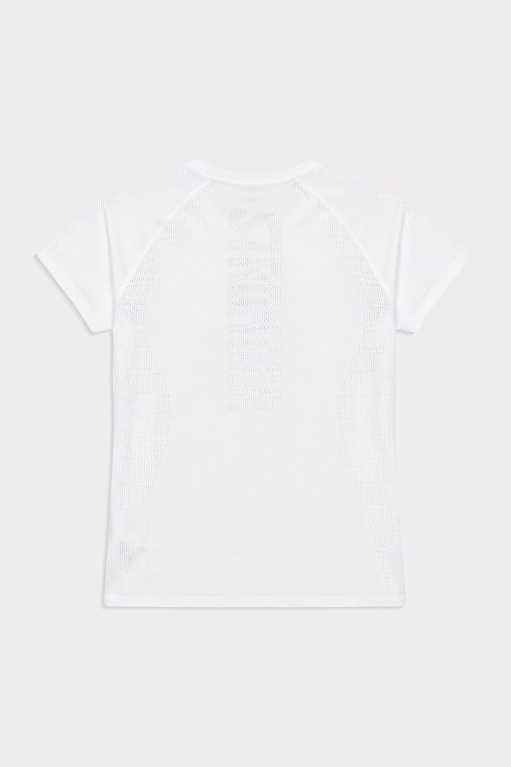 White Seamless Performance T-shirt from Stronger, featuring breathable mesh panels and a vertical back logo.