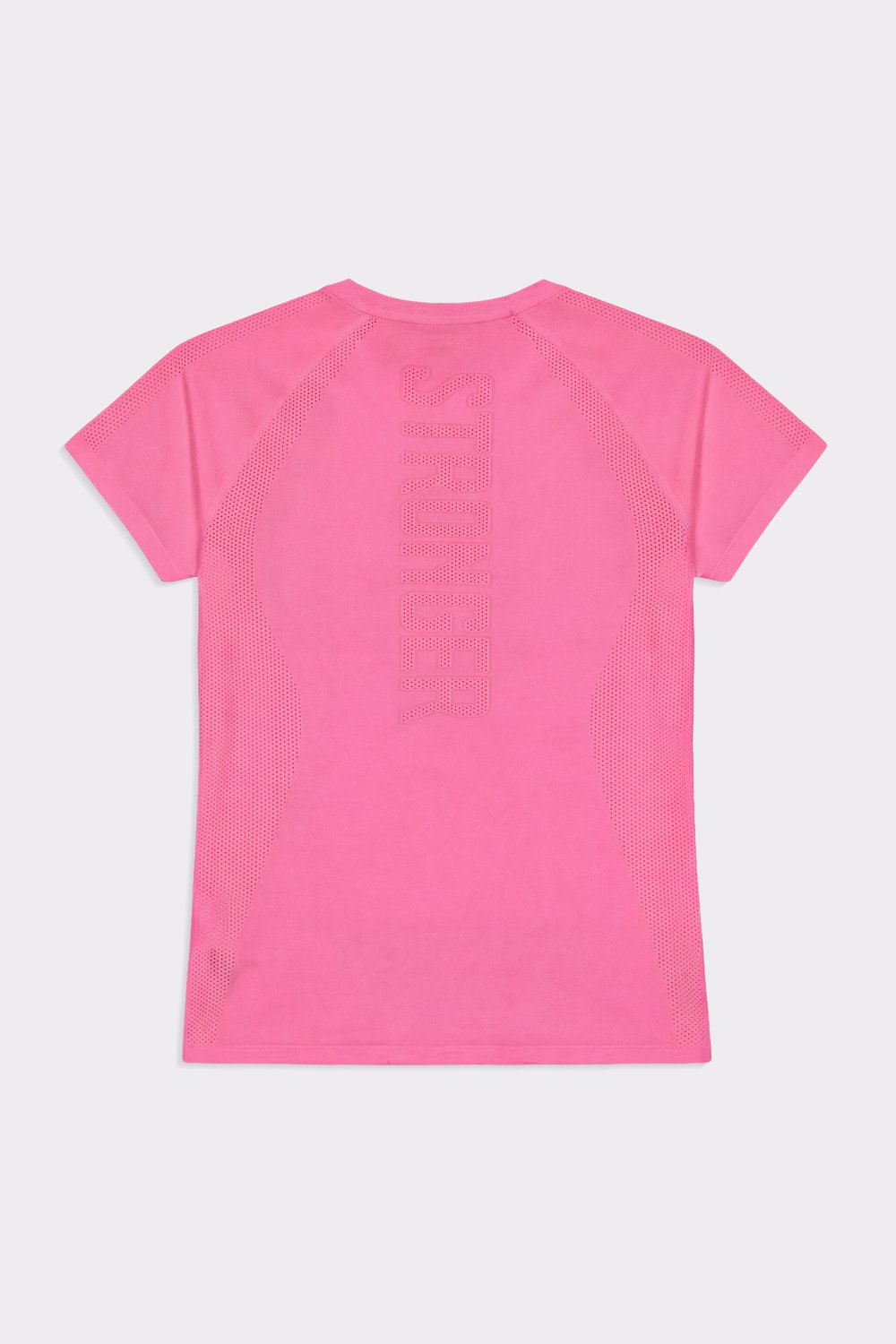 Back view of the pink Stronger Seamless Performance T-shirt, featuring a vertical logo and breathable mesh panels.