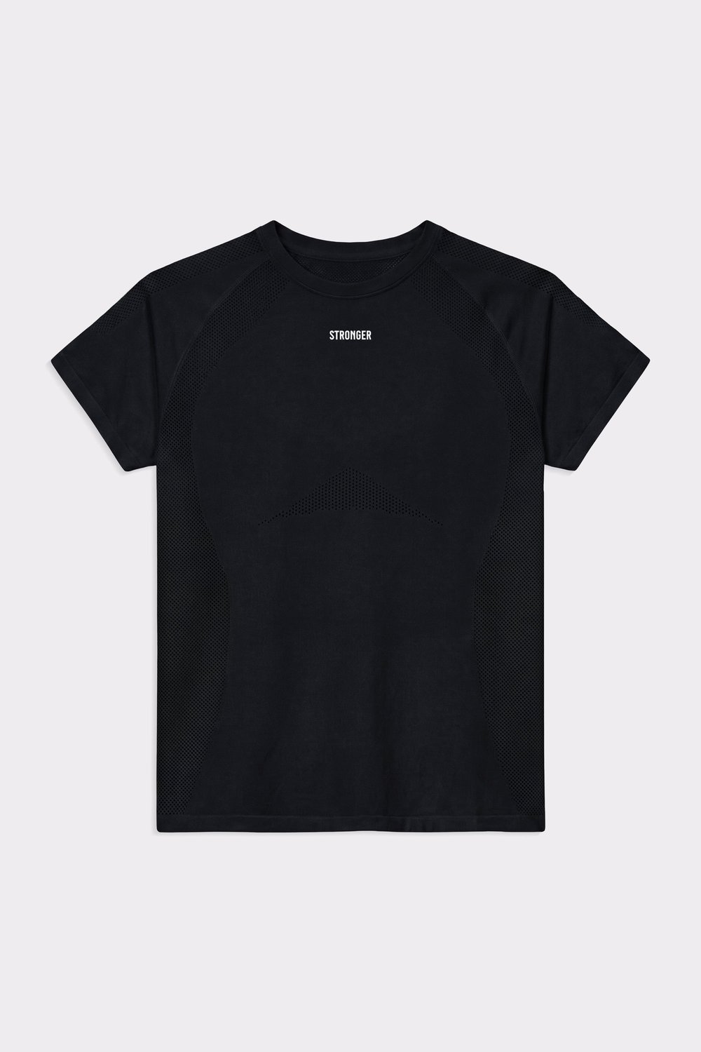 Black Seamless Performance T-shirt from Stronger, featuring a slim fit, breathable mesh textures, and a white chest logo.