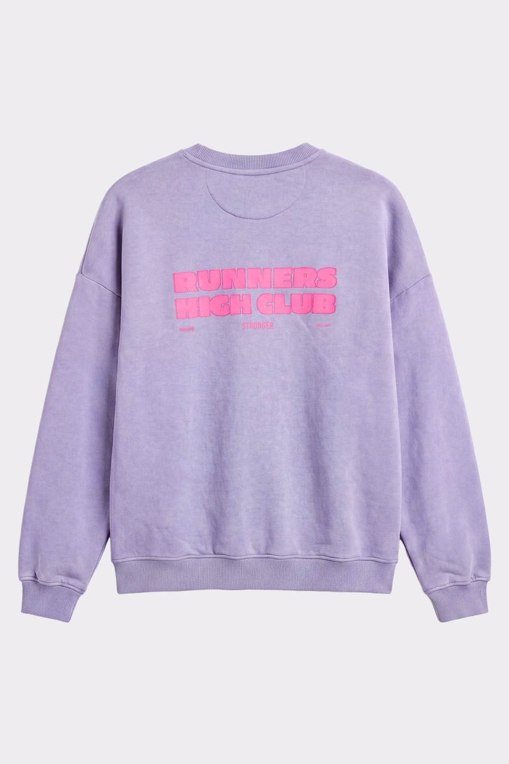 Back view of the Stronger Comfy Washed Sweatshirt in vintage violet, featuring pink Runners High Club graphic print.