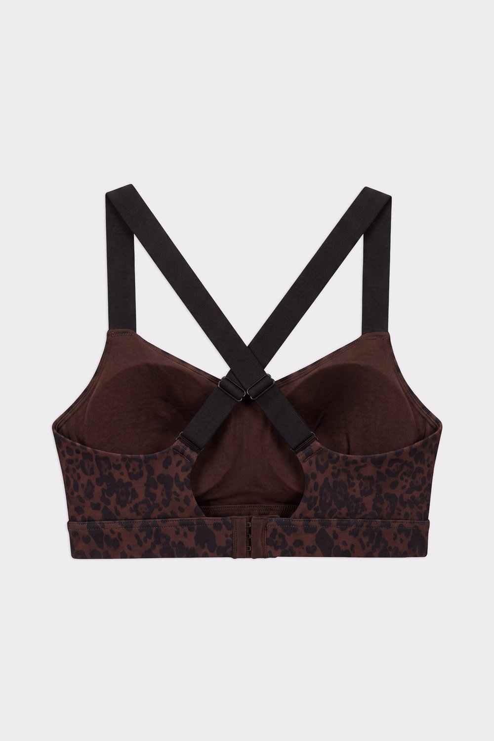 Back view of the Stronger Power Sports Bra in Dark Leo, showing the adjustable criss-cross straps and hook-and-eye closure.