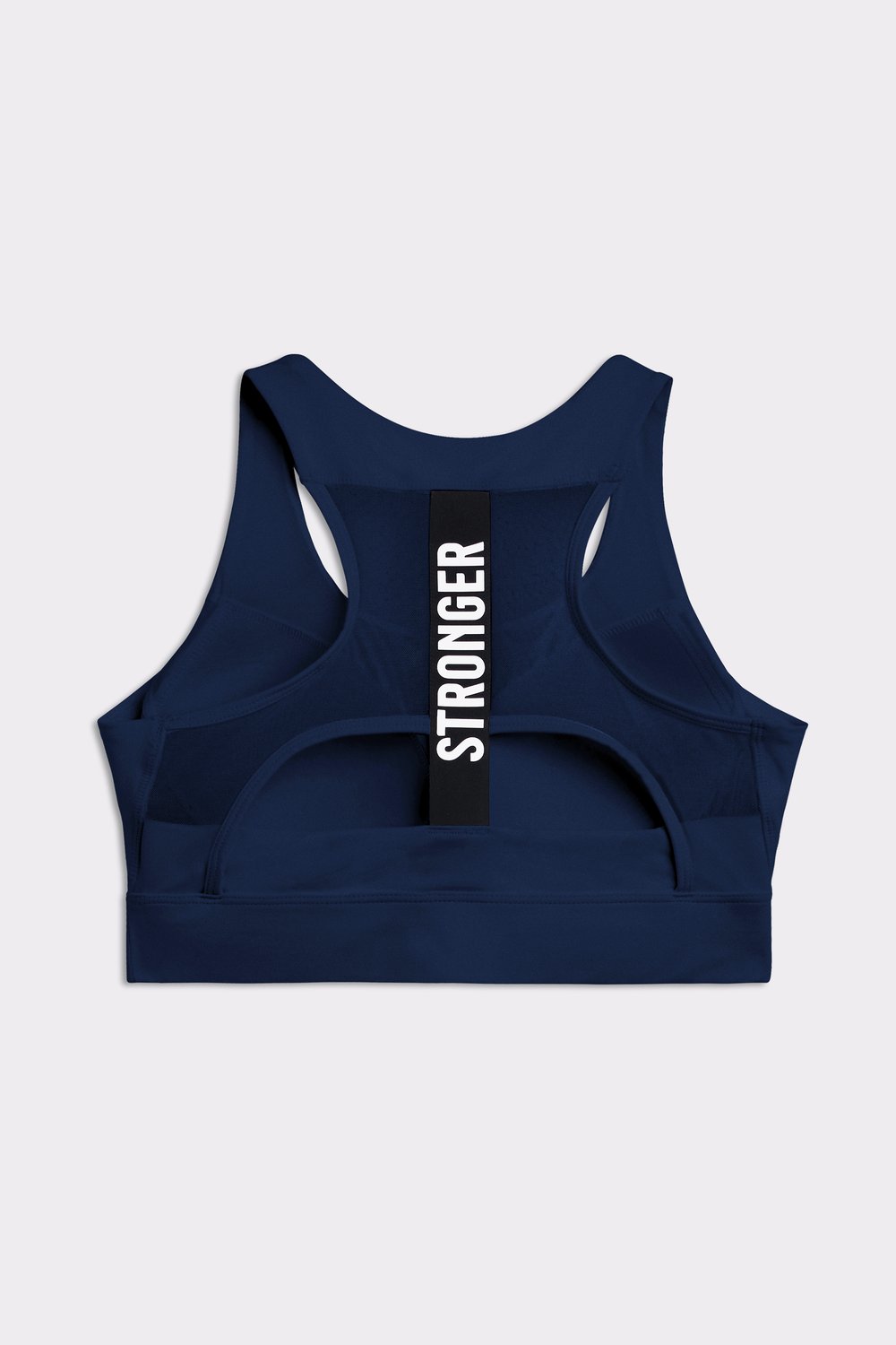 Rückansicht des dunkelblauen Stronger Bounce Sports Bra mit Mesh-Rücken, elastischem Band und vertikalem Logo.