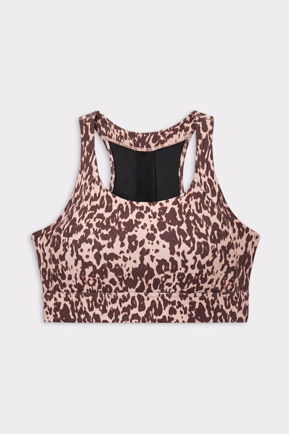 Front view of the Stronger Bounce Sports Bra in light brown Leo Rush leopard print with high support.