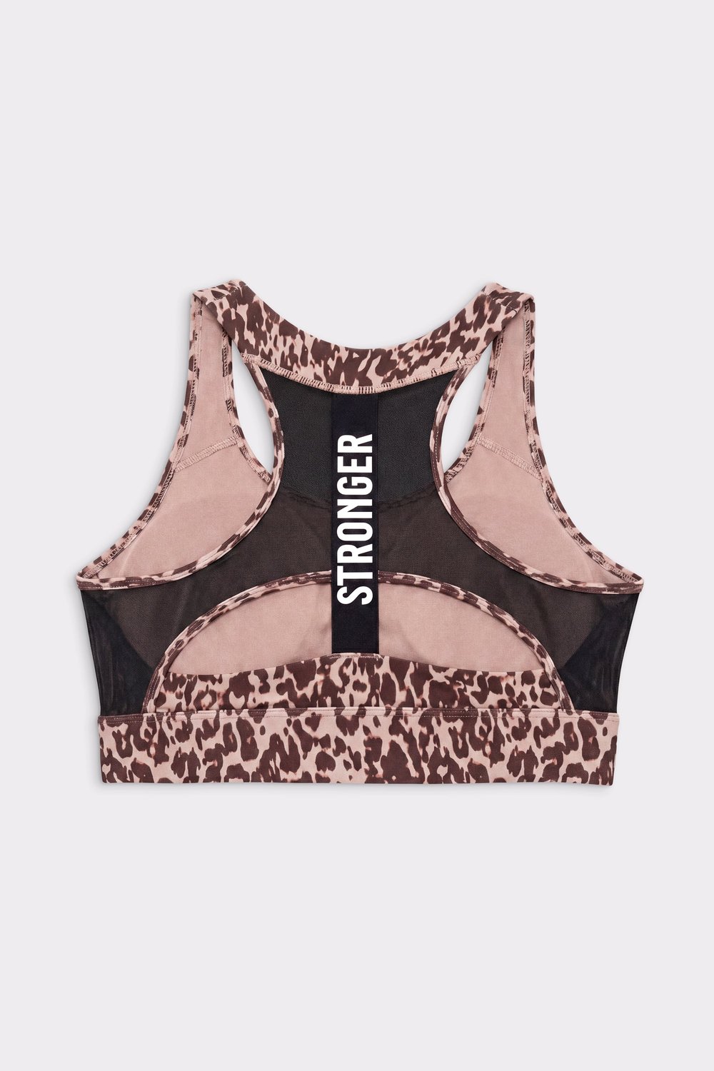 Back view of the light brown Leo Rush Bounce Sports Bra, featuring breathable mesh and a vertical Stronger logo.