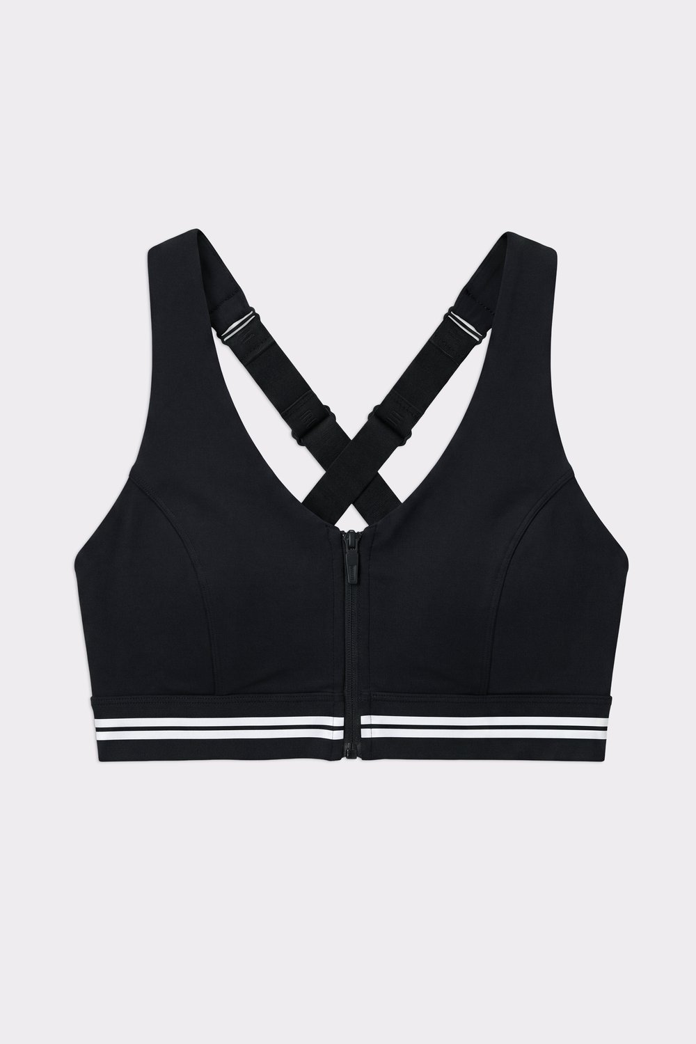 Stronger's black Signature Logo Zip Sports Bra featuring a front zipper, adjustable straps, and white striped band.