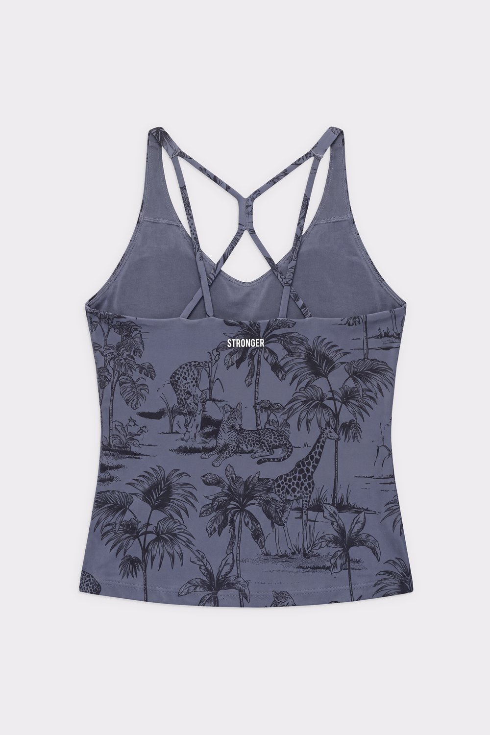 Rückansicht des dunkelgrauen Signature Strappy Tank von Stronger mit überkreuzten Trägern und einem Dark-Jungle-Toile-Print.