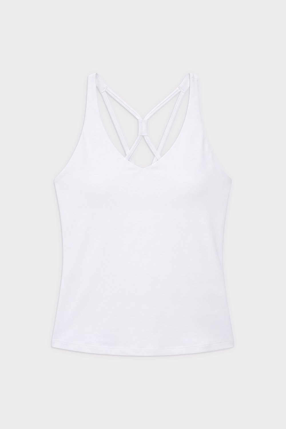 Stronger Signature Strappy Tank in leuchtendem Weiß mit schmalem, verkürztem Schnitt und filigranen Trägerdetails am Rücken.