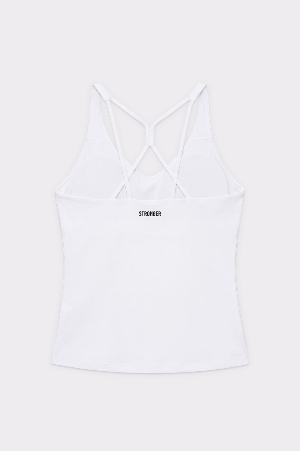 Rückansicht des weißen Signature Strappy Tank von Stronger mit figuurbetonter, verkürzter Passform und filigranen Trägern.