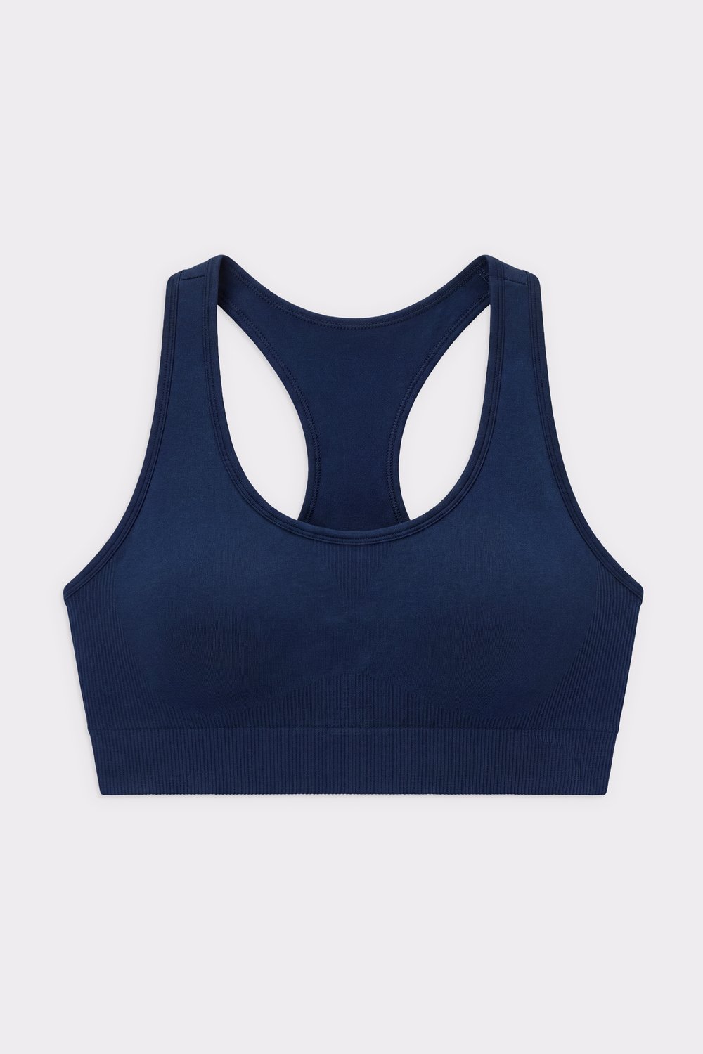 Stronger Seamless Contour Sports Bra in Navy Blau mit Ringerrücken und leichtem Halt für Workouts.