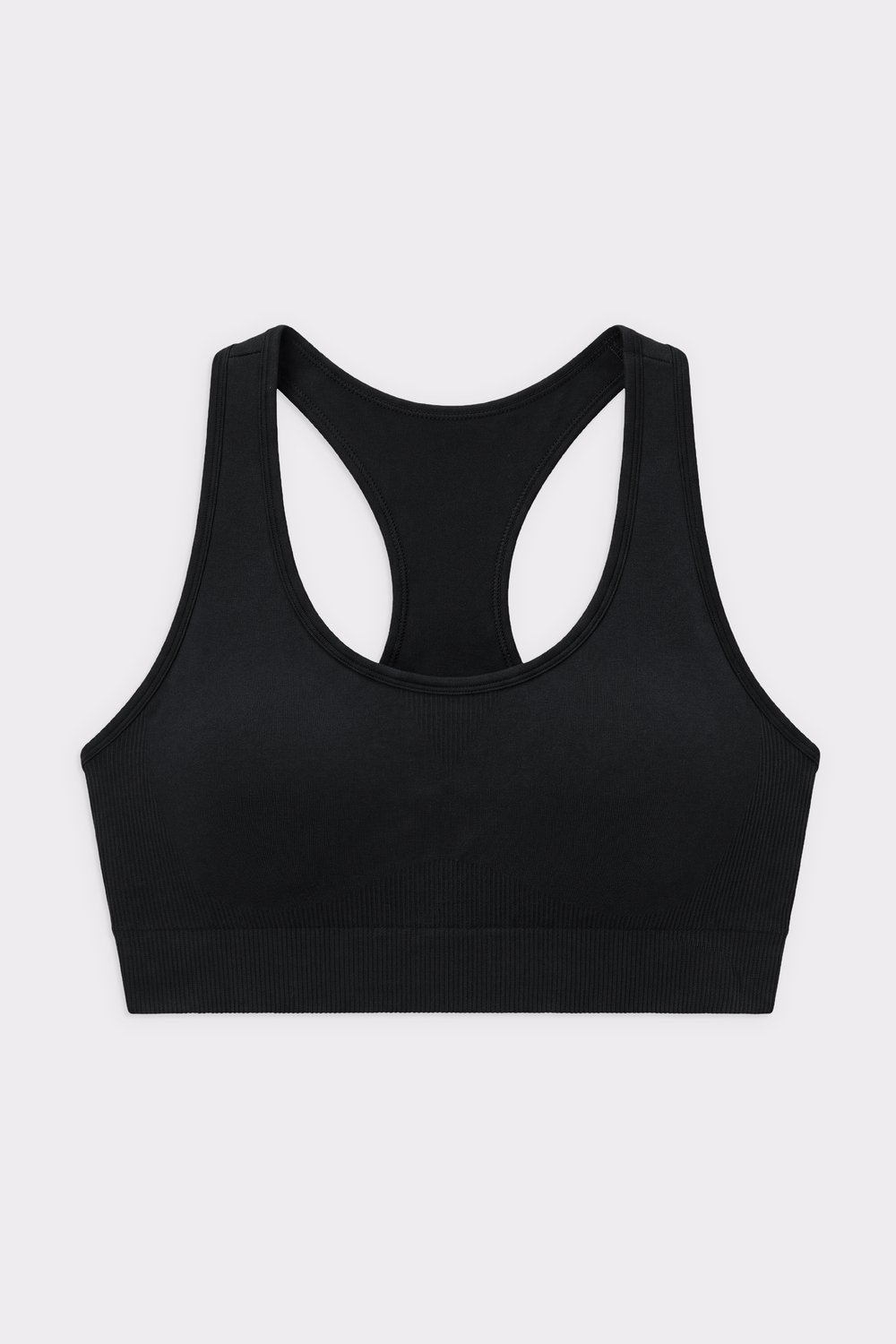 Schwarzer Seamless Contour Sports Bra von Stronger mit leichtem Halt und überkreuztem Rücken.