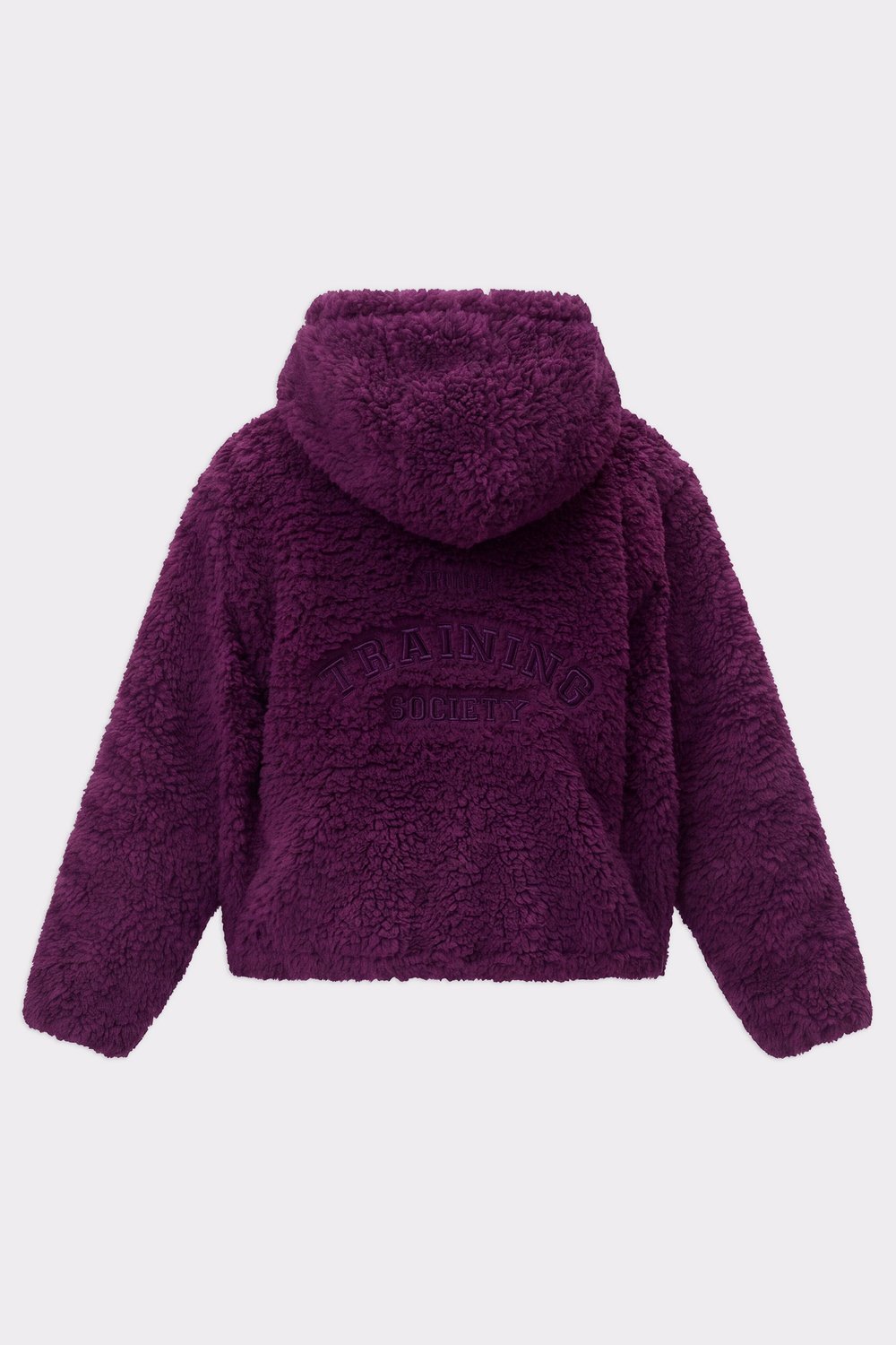 Back of the dark purple Hooded Pile Jacket from stronger, showing the cozy fleece texture, hood, and center back embroidery.