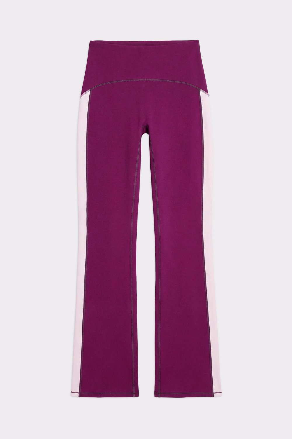 Close-up of the Stronger Thermal Bootcut Pants in aubergine purple showing the high waist and contrast side panels.