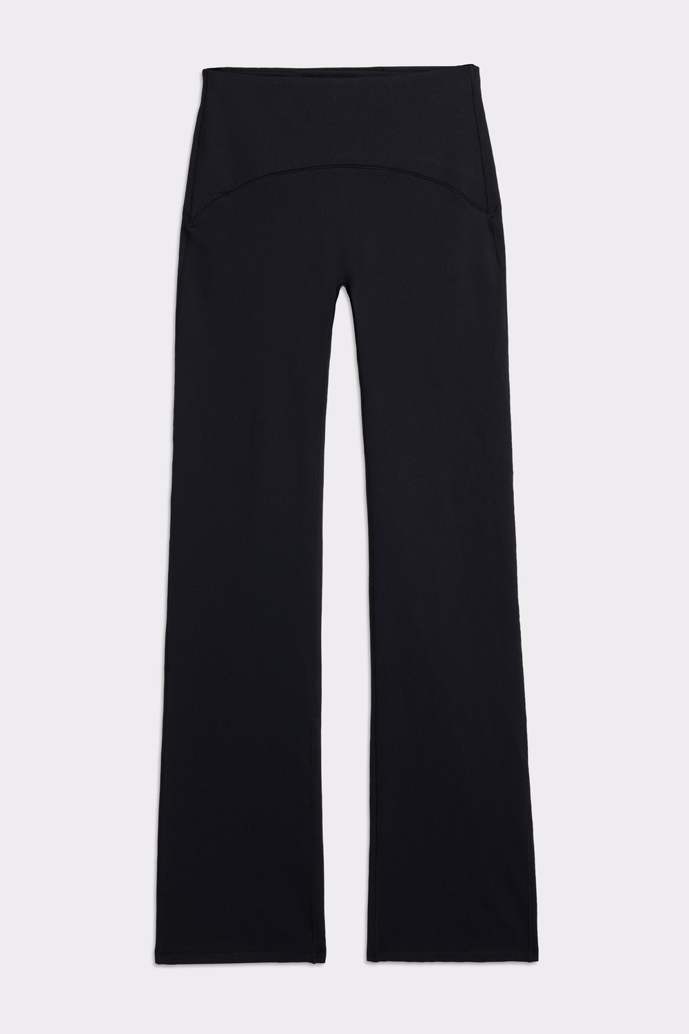 Close-up of the black Thermal Bootcut Pants from Stronger, showcasing the high waist and flared leg design.
