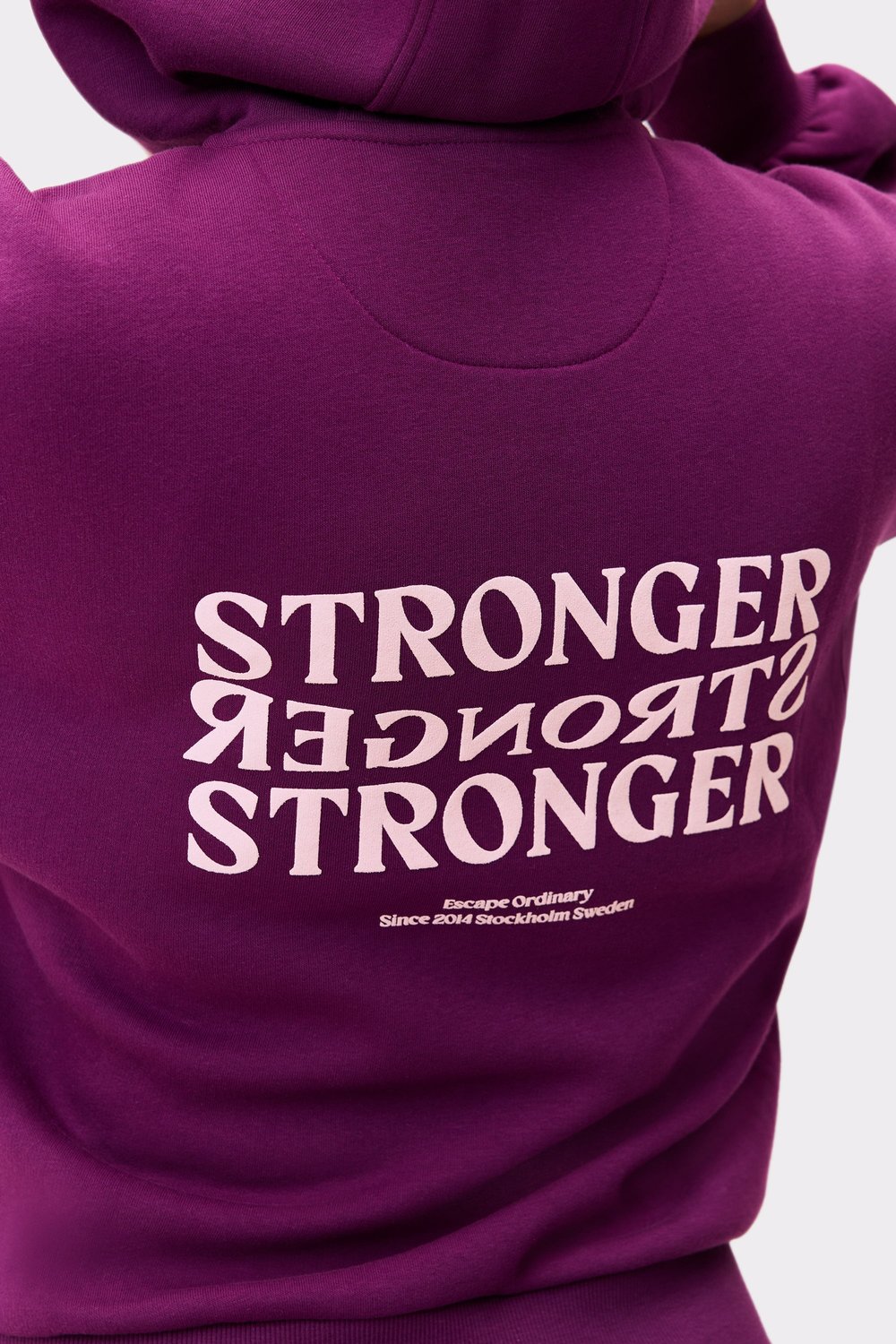 Close-up of the center back graphic on the aubergine purple Relaxed Full Zip Hoodie from stronger.
