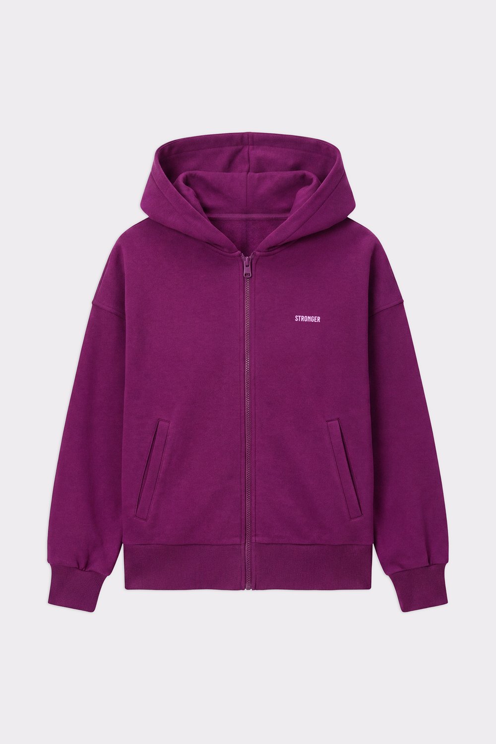 Front view of the Stronger Relaxed Full Zip Hoodie in aubergine purple, showing the zipper and logo.