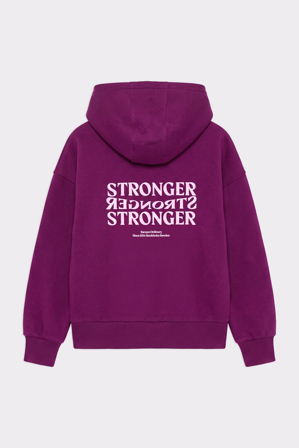 Back view of the Relaxed Full Zip Hoodie in aubergine purple from stronger, showing the puff-printed graphic at center back.
