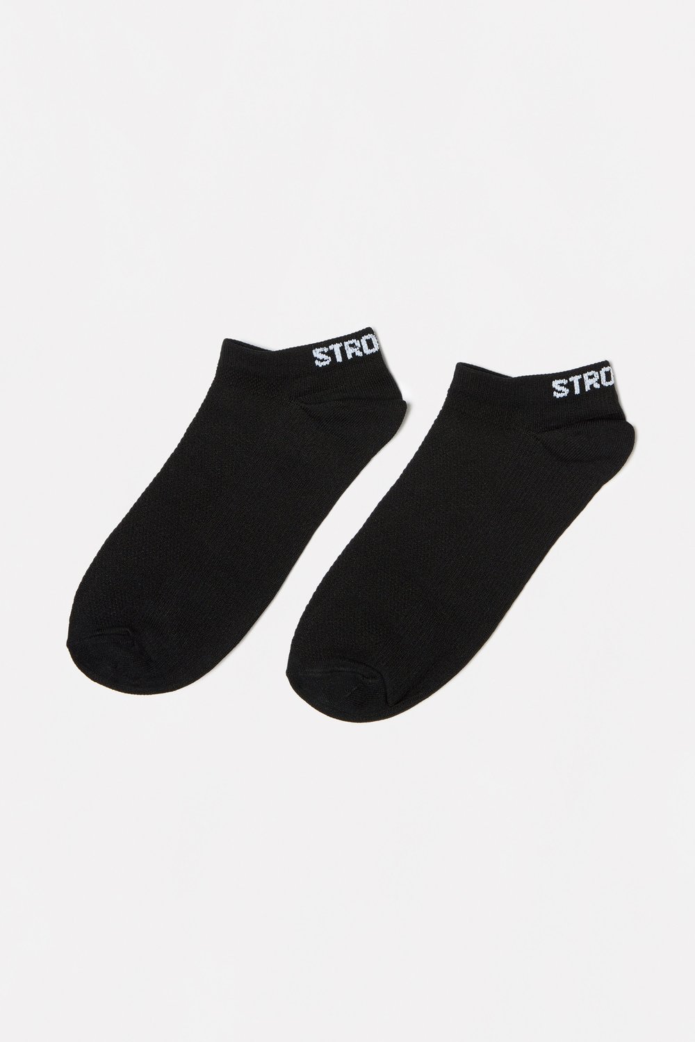 Close-up of the black Sporty Socks from Stronger, featuring a breathable knitted ankle design and logotype at the back.