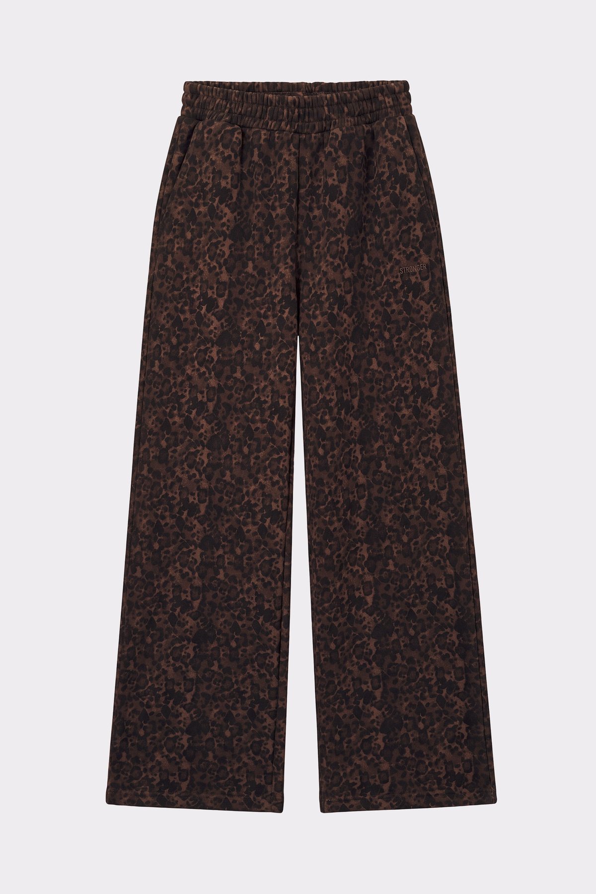 Close-up of the Relaxed Wide Sweatpants in Dark Leo from stronger, showcasing the dark leopard print and wide leg fit.