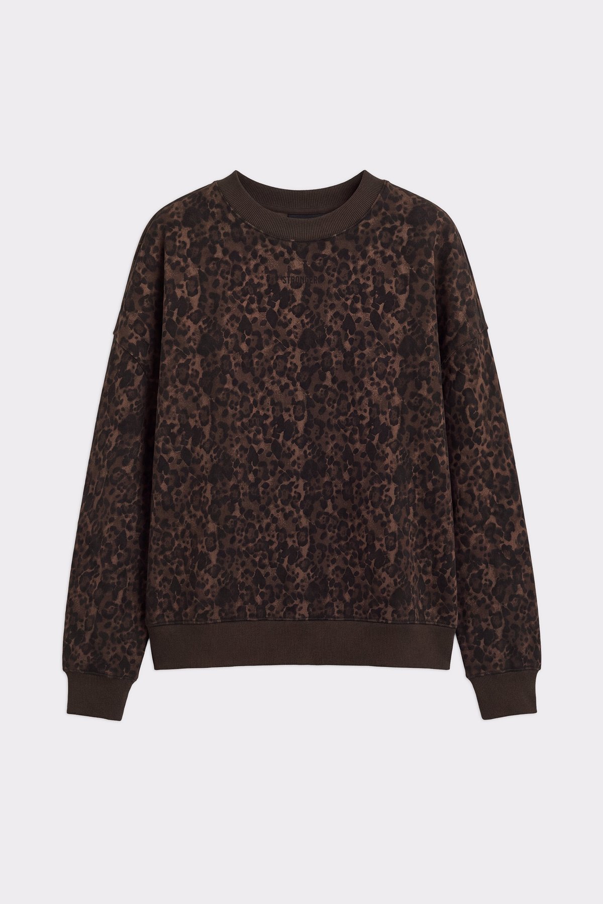 Front view of the Relaxed Sweatshirt in Dark Leo from Stronger, showcasing its oversized fit and leopard print design.