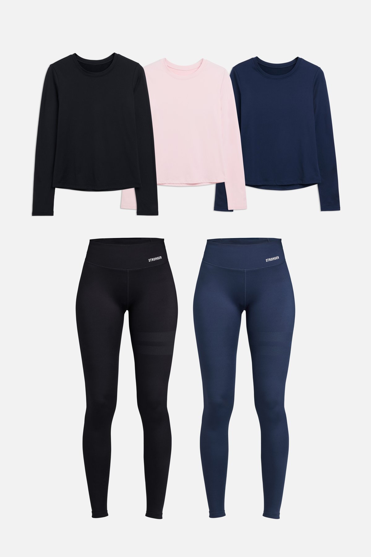 The One Signature Kit från Stronger, med långärmade toppar och tights i svart, blått och rosa.