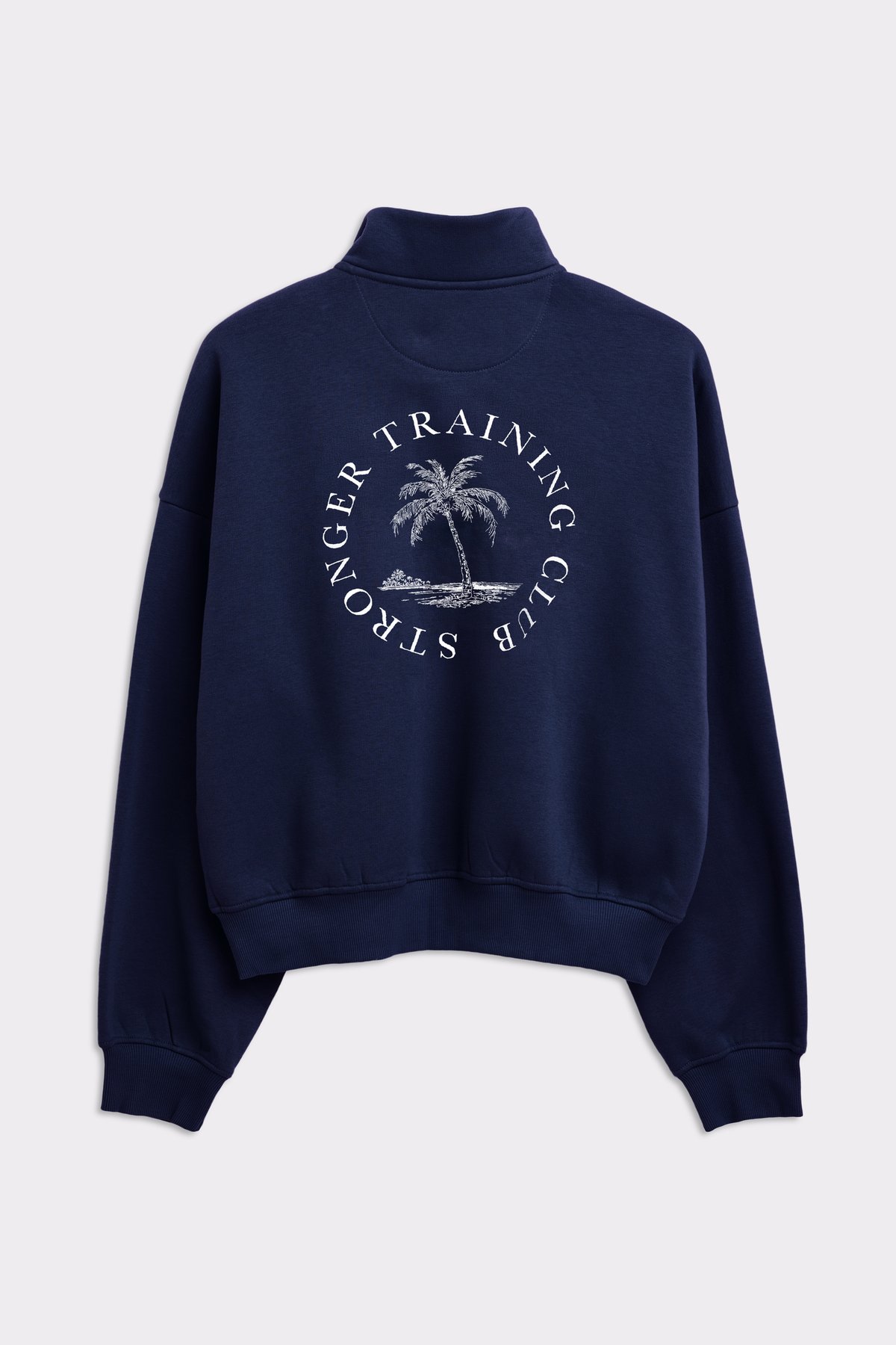 Rückansicht des dunkelblauen Stronger Half Zip Sweatshirts mit großem runden Palmengrafik-Print auf dem Rücken.