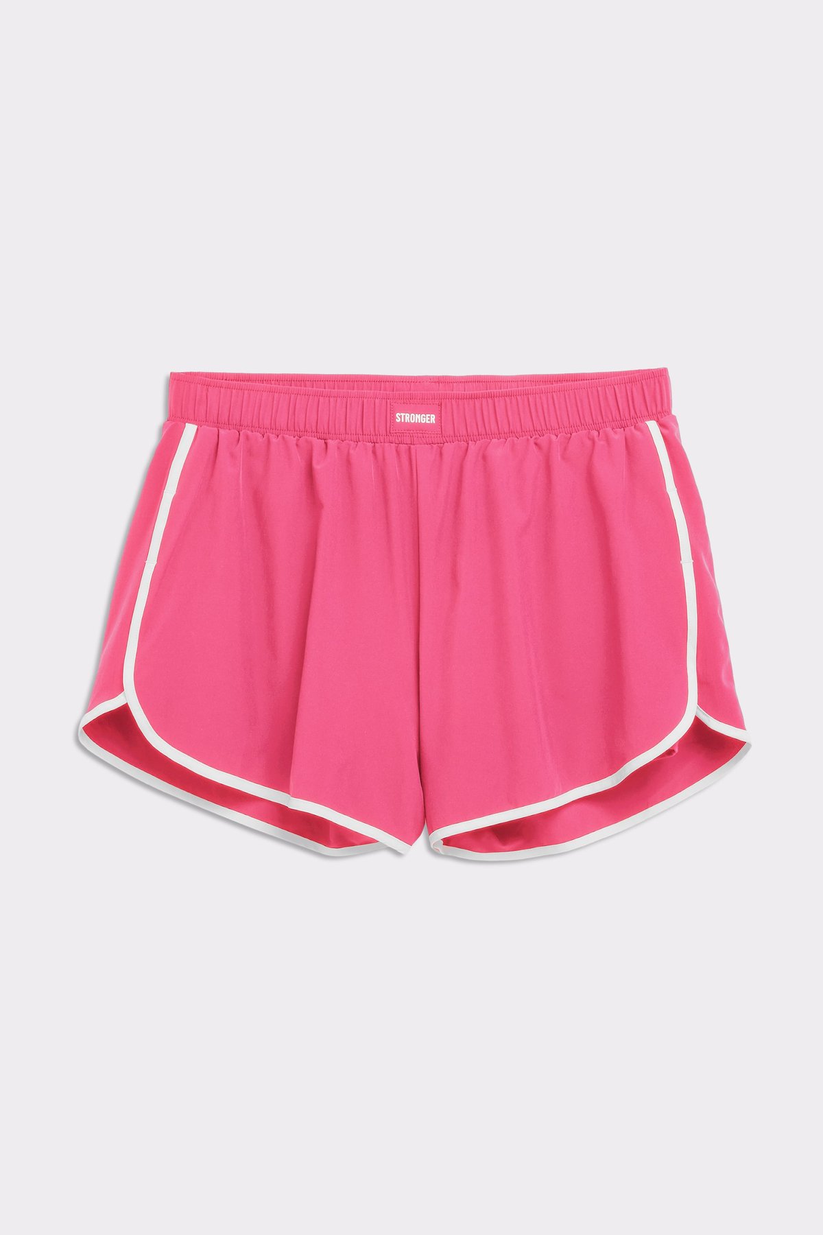 Stronger pink Breezy Running Shorts featuring white contrast trim and a logo waistband patch, ideal for running.